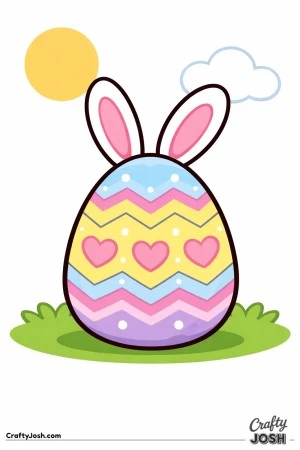 A large Easter egg with bunny ears is decorated with zigzag stripes, hearts, and small dots, with a sun and cloud above