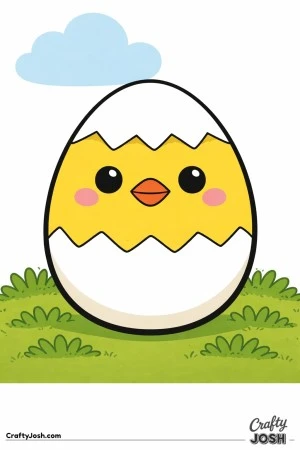 This black and white coloring page shows a big Easter egg with a cute chick face and a cracked zigzag shell, sitting on grass under a fluffy cloud