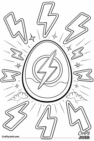 A large Easter egg with a lightning bolt symbol is surrounded by big lightning shapes, sparkles, and simple clouds
