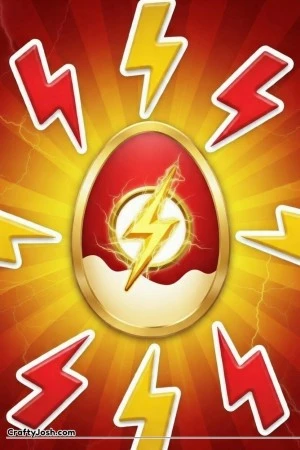 A large Easter egg with a lightning bolt symbol is surrounded by big lightning shapes, sparkles, and simple clouds