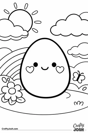 A cute smiling egg with heart cheeks sits on a grassy hill with a rainbow, sun, clouds, a flower, and a butterfly