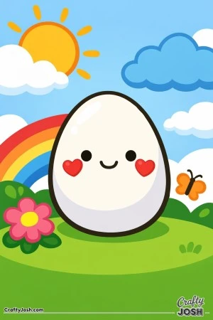 A cute smiling egg with heart cheeks sits on a grassy hill with a rainbow, sun, clouds, a flower, and a butterfly