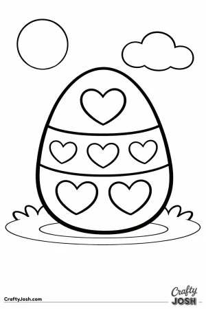 A large Easter egg with heart shapes in three horizontal sections sits on a patch of grass with a simple sun and cloud in the sky