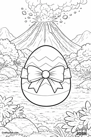 An egg with zigzag stripes and a large bow sits on the ground in front of an erupting volcano with lava, mountains, rocks, and bushes