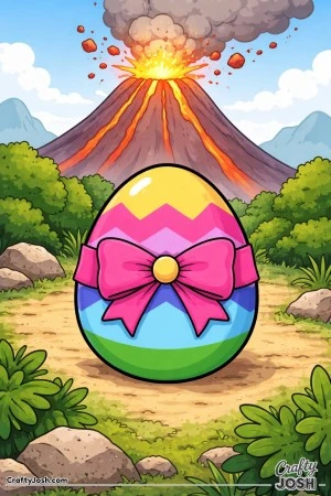An egg with zigzag stripes and a large bow sits on the ground in front of an erupting volcano with lava, mountains, rocks, and bushes