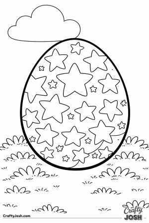 This black and white coloring page shows a large Easter egg covered in star patterns sitting on grassy ground with a fluffy cloud above