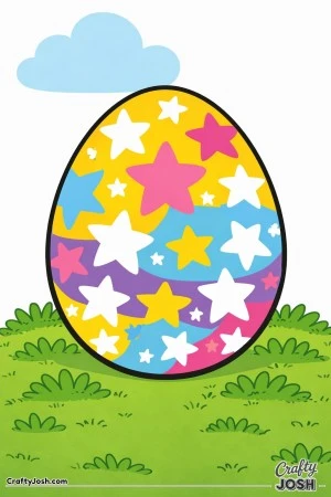 This black and white coloring page shows a large Easter egg covered in star patterns sitting on grassy ground with a fluffy cloud above