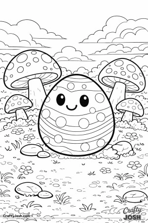A smiling egg with stripes and dots sits in a mushroom world surrounded by big mushrooms, flowers, rocks, grass, and fluffy clouds