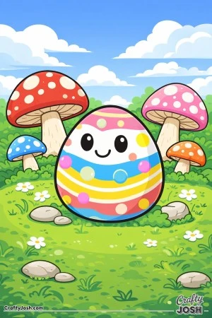 A smiling egg with stripes and dots sits in a mushroom world surrounded by big mushrooms, flowers, rocks, grass, and fluffy clouds