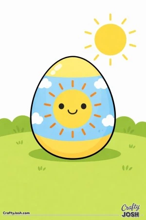 A large Easter egg with a smiling sun pattern stands on a simple grassy hill with clouds and a bright sun in the sky