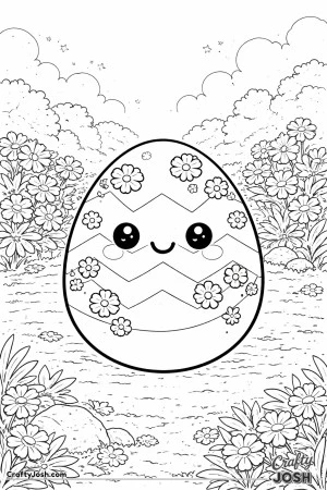 A smiling egg with zigzag stripes is decorated with small flowers and sits in a garden filled with large flowers and bushes