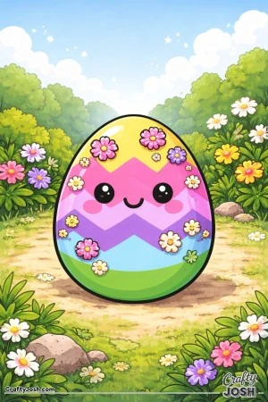 A smiling egg with zigzag stripes is decorated with small flowers and sits in a garden filled with large flowers and bushes