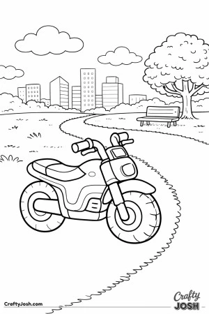 This coloring page shows a small electric motorcycle parked along a path in a city park, drawn with rounded shapes that are easy to color.