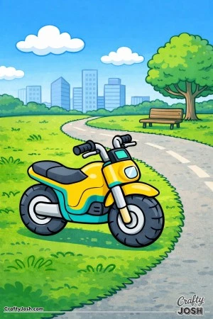 This coloring page shows a small electric motorcycle parked along a path in a city park, drawn with rounded shapes that are easy to color.