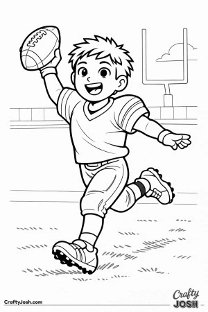 A young football player runs joyfully into the end zone with the ball raised in celebration as he scores