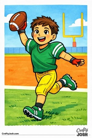 A young football player runs joyfully into the end zone with the ball raised in celebration as he scores