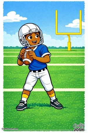 A young quarterback stands near the end zone holding the football and preparing to throw while looking forward with focus and excitement