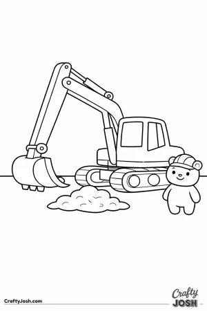 This coloring page shows a large excavator with a thick digging arm and big bucket next to a small dirt mound, with a bear construction helper ..
