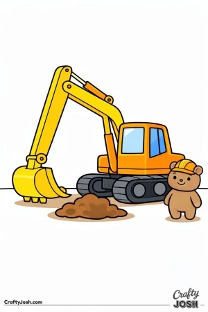 This coloring page shows a large excavator with a thick digging arm and big bucket next to a small dirt mound, with a bear construction helper ..