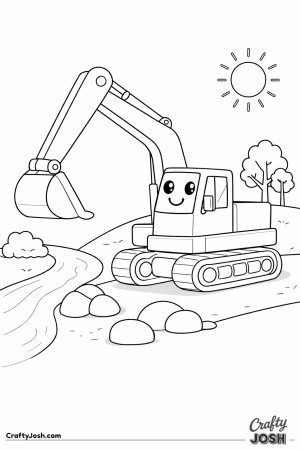 This excavator coloring page shows a large digger parked beside a curved river with rocks, trees, and a bright sun in the sky