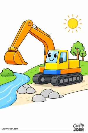 This excavator coloring page shows a large digger parked beside a curved river with rocks, trees, and a bright sun in the sky