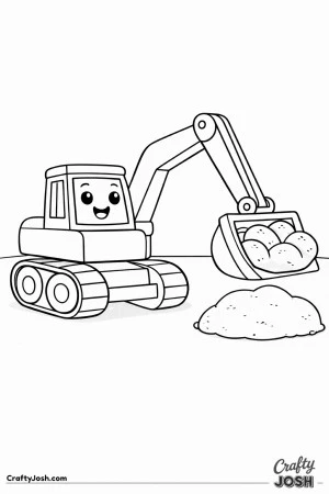This simple digger coloring page features a large excavator with a thick arm scooping a big rounded pile of dirt