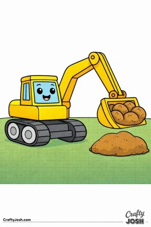 This simple digger coloring page features a large excavator with a thick arm scooping a big rounded pile of dirt