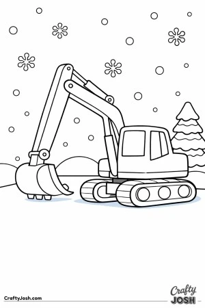 This coloring page shows a large excavator standing on snowy ground with two rounded snow piles, a simple pine tree, and big falling snowflakes