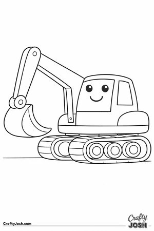This digger coloring page features a large side-view excavator with a thick arm and a rounded bucket
