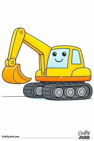 This digger coloring page features a large side-view excavator with a thick arm and a rounded bucket