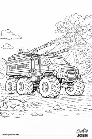 Fantasy fire truck fighting volcano