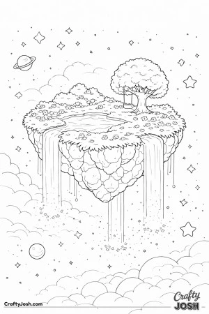A floating island drifts through space with waterfalls cascading gently from its edges, featuring a tree, plants, and a small pond under a starry sky