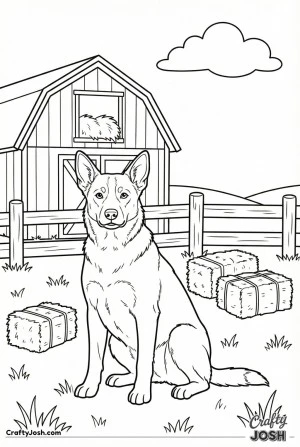 Farm dog in front barn