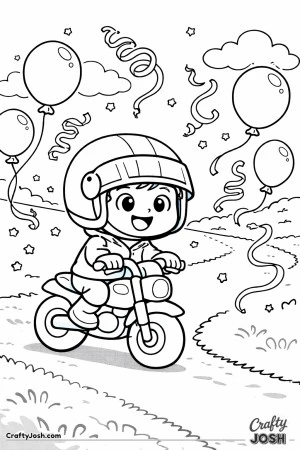 This coloring page shows a happy young boy riding a small motorcycle through a fun celebration with balloons and streamers, designed with big shapes ..