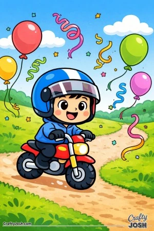 This coloring page shows a happy young boy riding a small motorcycle through a fun celebration with balloons and streamers, designed with big shapes ..