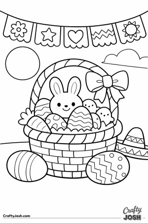 A smiling bunny sits inside an Easter basket filled with decorated eggs and a carrot, with baby chicks nearby and festive banners hanging above
