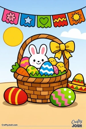 A smiling bunny sits inside an Easter basket filled with decorated eggs and a carrot, with baby chicks nearby and festive banners hanging above
