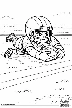 A youth football player lunges forward toward the goal line while holding the ball securely, showing determination and urgency in the final moments ..