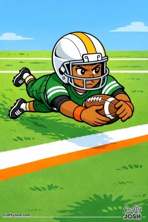 A youth football player lunges forward toward the goal line while holding the ball securely, showing determination and urgency in the final moments ..