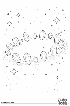 This picture shows a ring of floating crystals in a circle with stars scattered around the sky