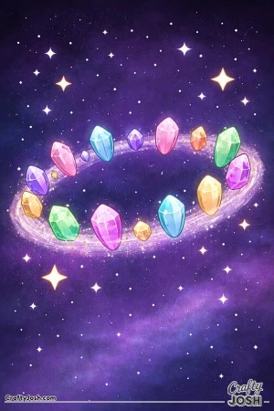 This picture shows a ring of floating crystals in a circle with stars scattered around the sky