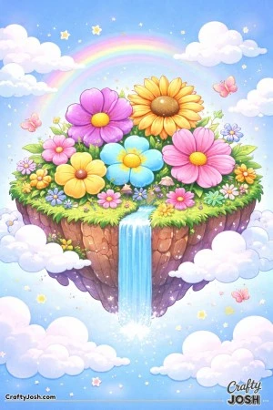A floating island covered in giant flowers rests among soft clouds, with butterflies flying around and a waterfall pouring down into the sky below