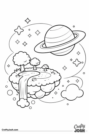 A floating island with a pond and waterfall drifts through space near a big ringed planet, with stars and a cloud around it