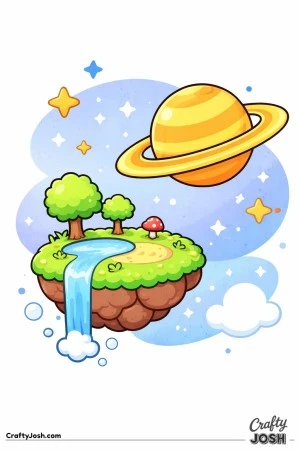 A floating island with a pond and waterfall drifts through space near a big ringed planet, with stars and a cloud around it