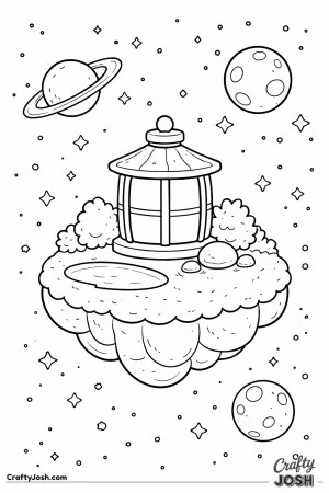 A floating island sits in outer space with a big lantern, a small pond, bushes, rocks, and planets in the sky