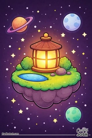 A floating island sits in outer space with a big lantern, a small pond, bushes, rocks, and planets in the sky