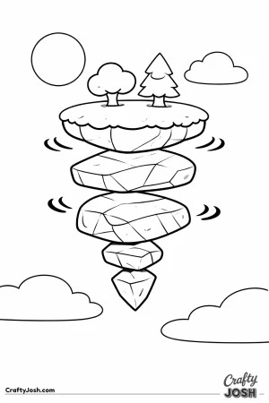 A floating island made of stacked rocks hovers in the sky with two simple trees on top, plus a sun and clouds around it