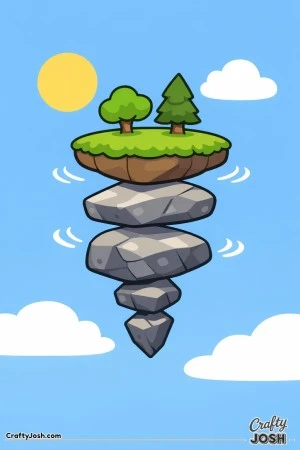 A floating island made of stacked rocks hovers in the sky with two simple trees on top, plus a sun and clouds around it