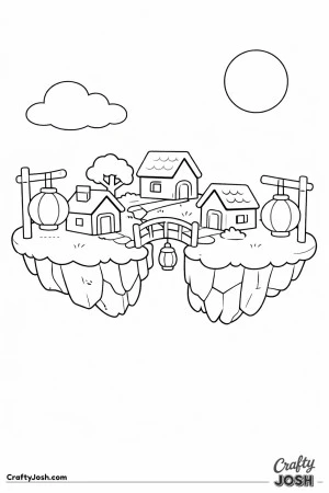 This picture shows a floating island village with three little houses, a small bridge, and hanging lanterns under a sun and cloud