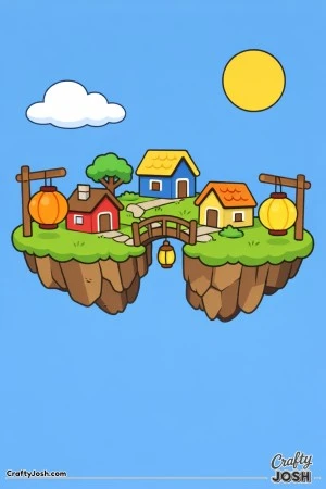This picture shows a floating island village with three little houses, a small bridge, and hanging lanterns under a sun and cloud